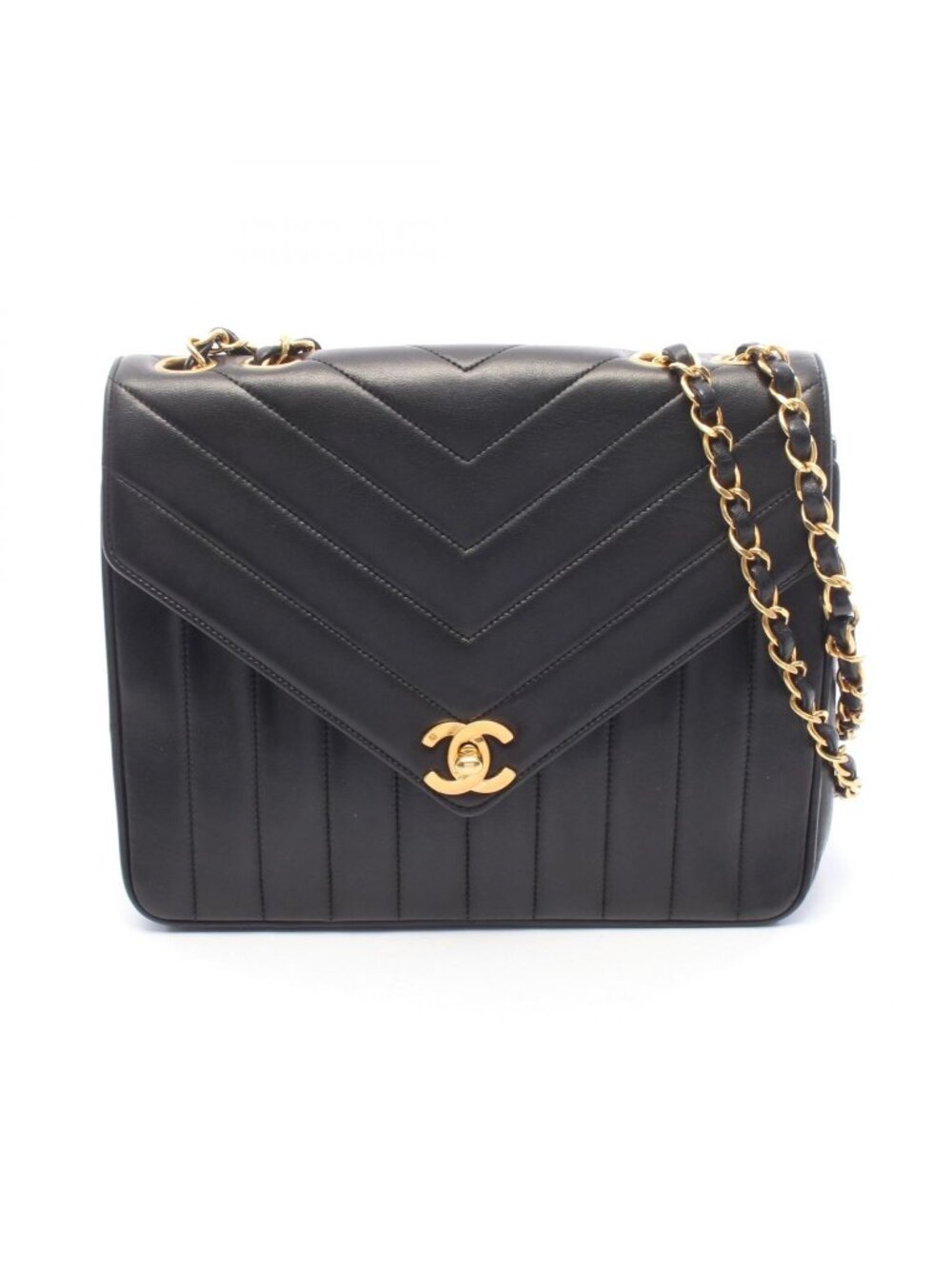 Chanel Shoulder Bag Chevron V-stitch Mademoiselle Black Lambskin Chain